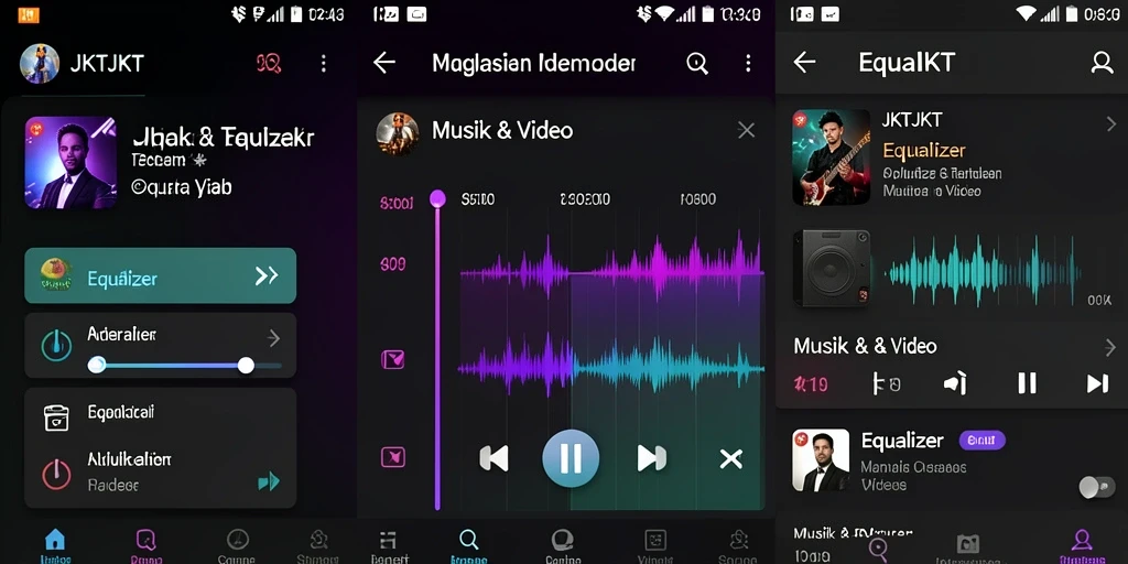 Antarmuka aplikasi Equalizer JKTJKT dengan pengaturan suara yang menarik.